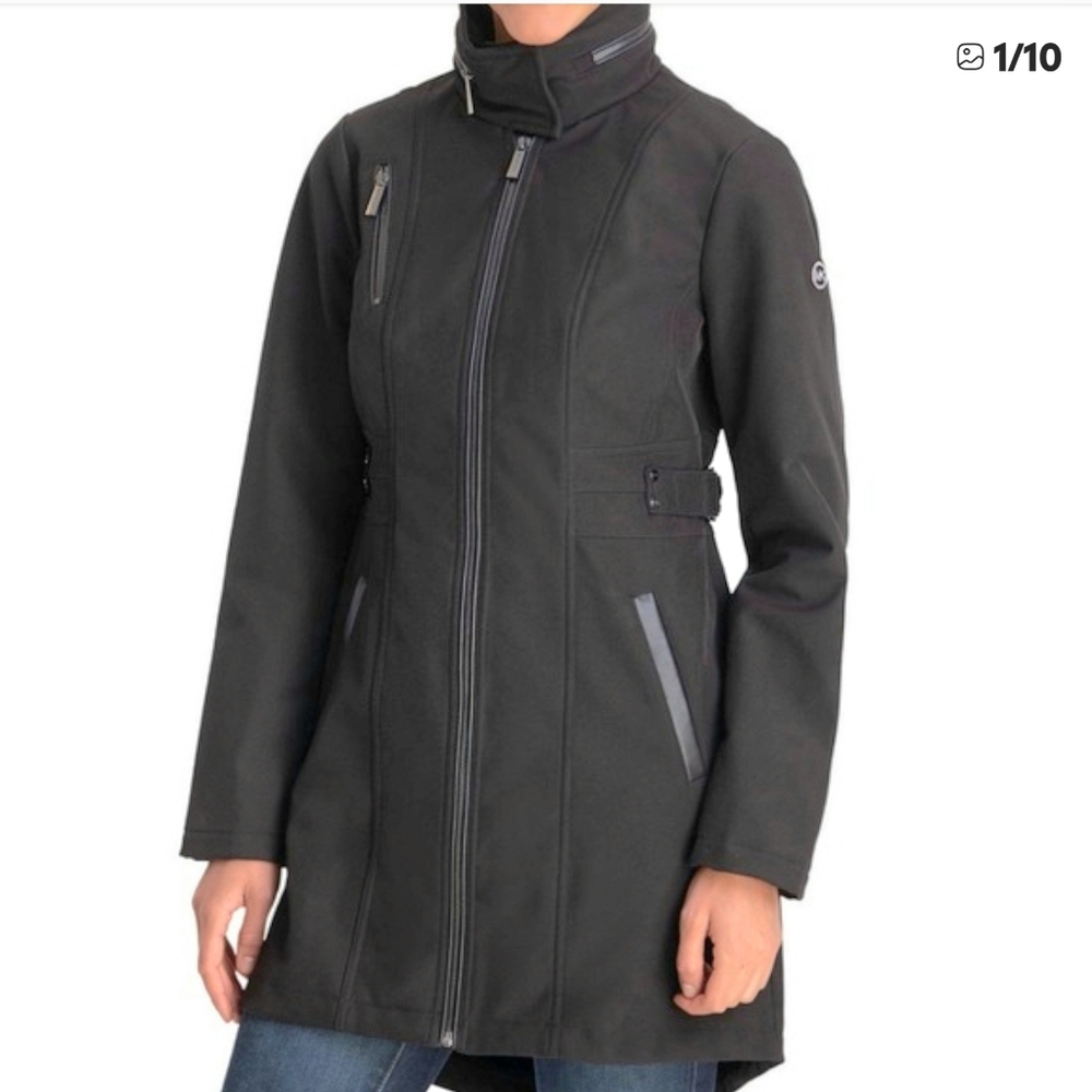 MICHAEL Michael Kors Black Softshell Faux-Leather-Trim Hidden Hood Coat L
